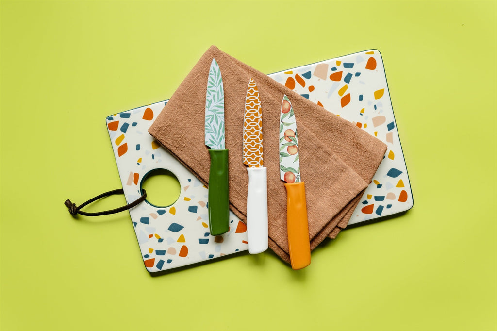 3 Piece Printed Knife Set with Sheaths, Orange Zest