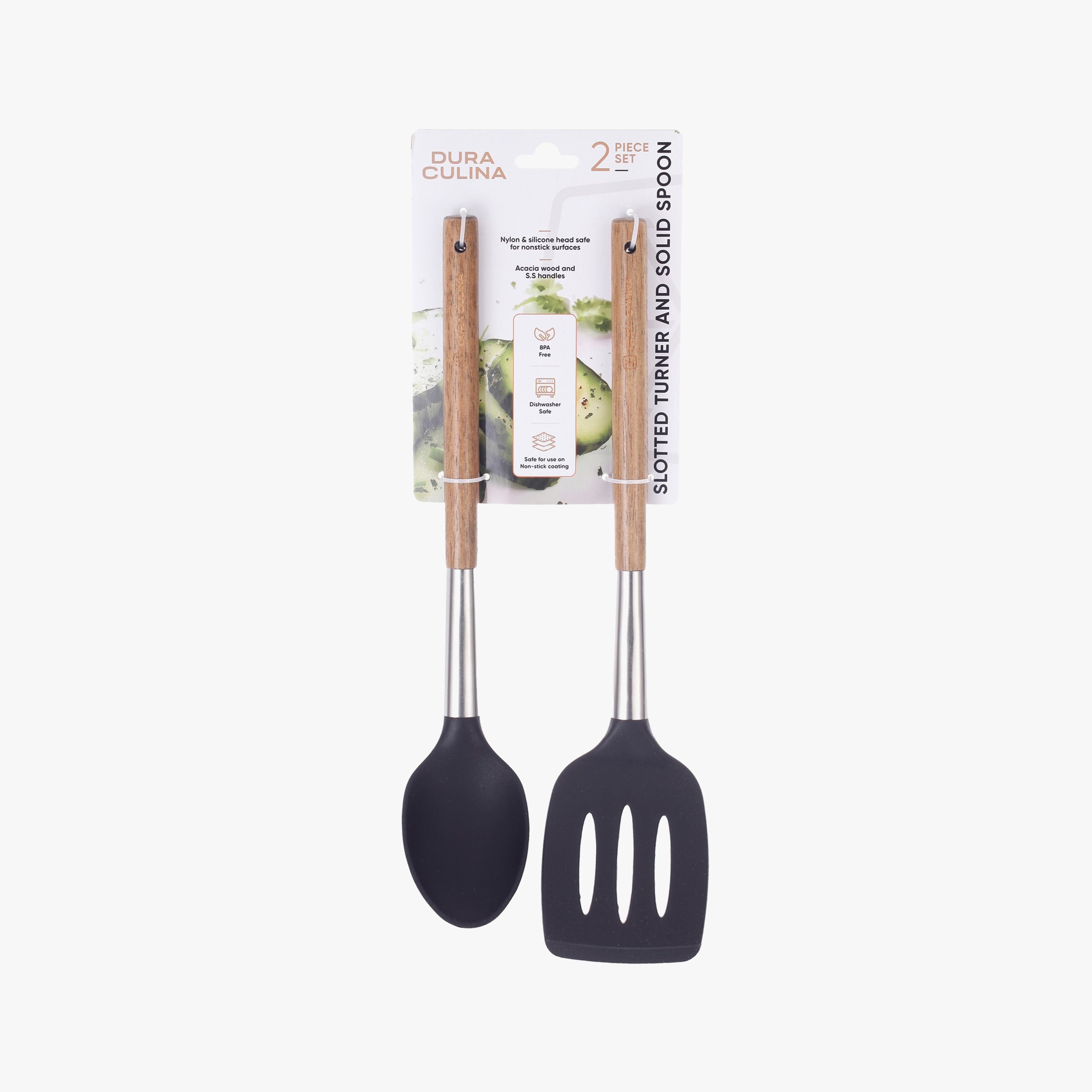 2-Piece Solid Spoon & Slotted Turner Set - Acacia Wood & Stainless Steel Handles, Silicone Heads, Non-Stick Safe, Black