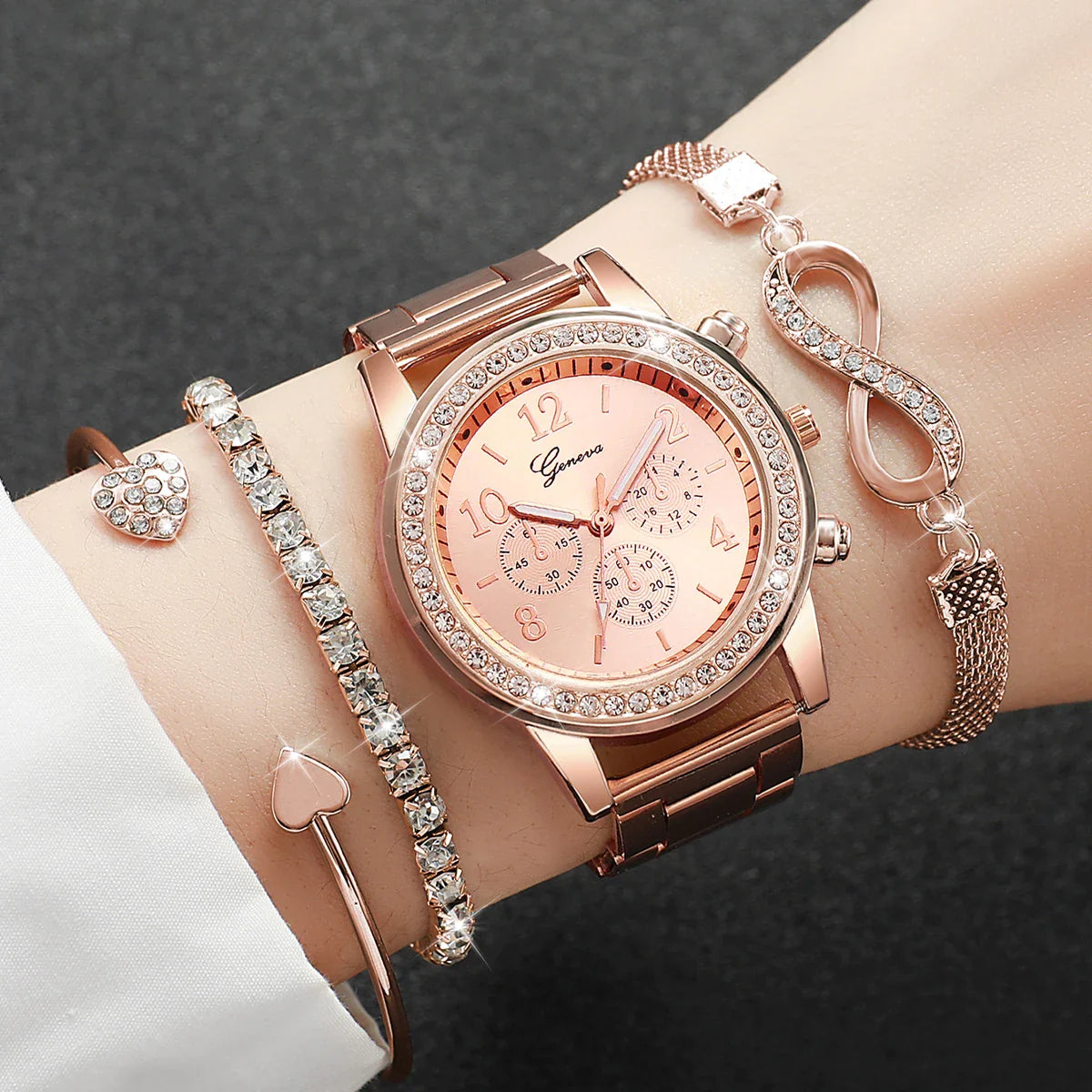 4PCS Set Rhinestone Luxury Steel Band Ladies Quartz Women Watches with Bracelets Set