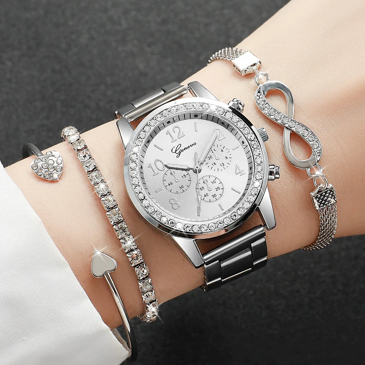 4PCS Set Rhinestone Luxury Steel Band Ladies Quartz Women Watches with Bracelets Set