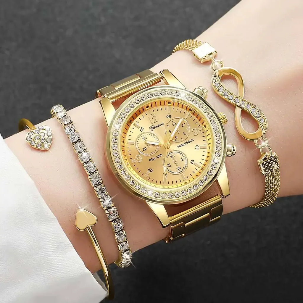 4PCS Set Rhinestone Luxury Steel Band Ladies Quartz Women Watches with Bracelets Set
