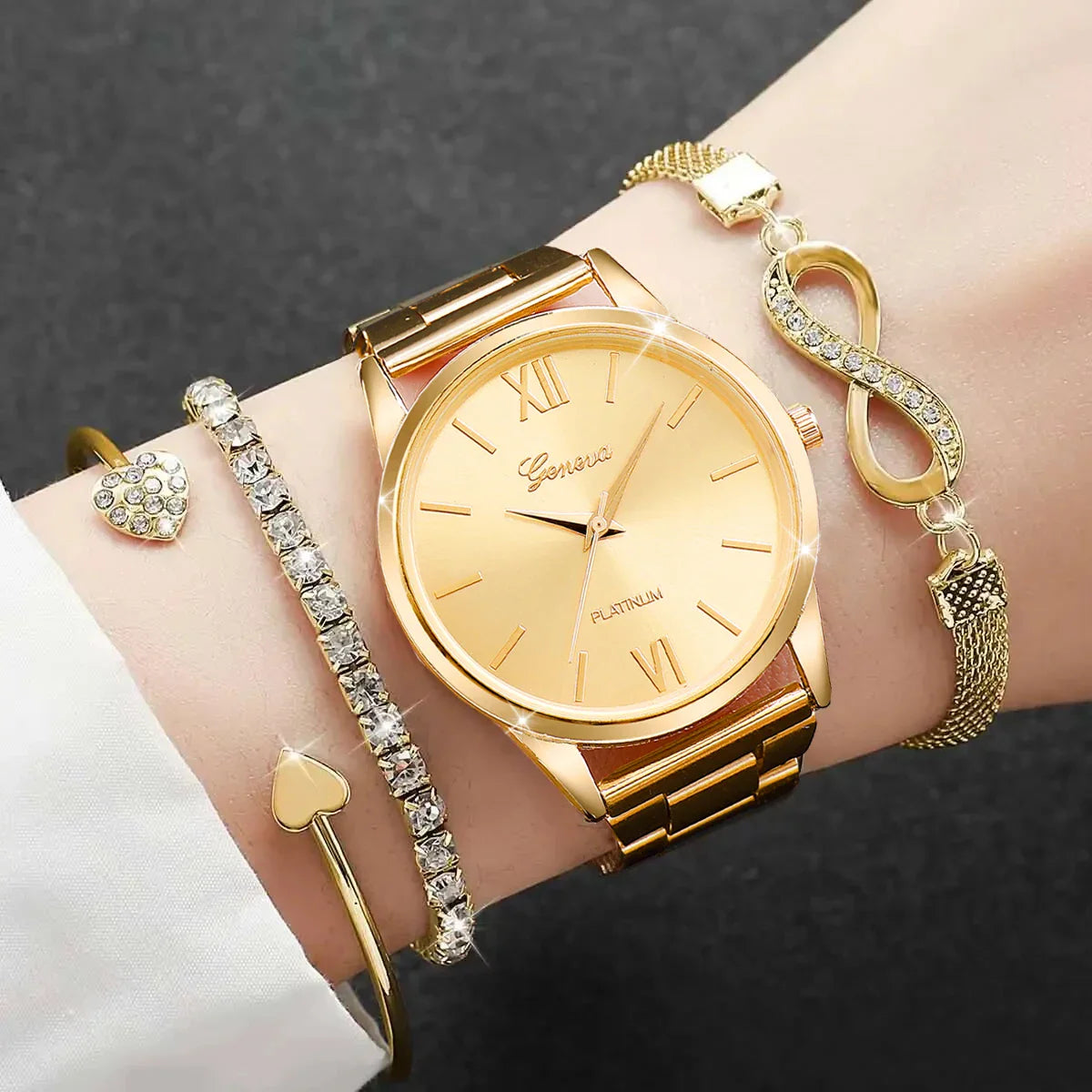 4PCS Set Rhinestone Luxury Steel Band Ladies Quartz Women Watches with Bracelets Set