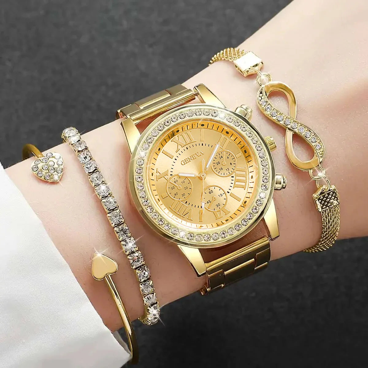 4PCS Set Rhinestone Luxury Steel Band Ladies Quartz Women Watches with Bracelets Set