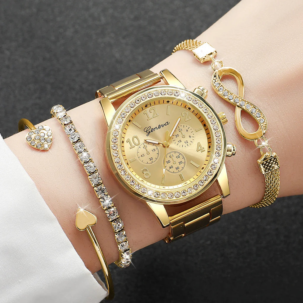 4PCS Set Rhinestone Luxury Steel Band Ladies Quartz Women Watches with Bracelets Set