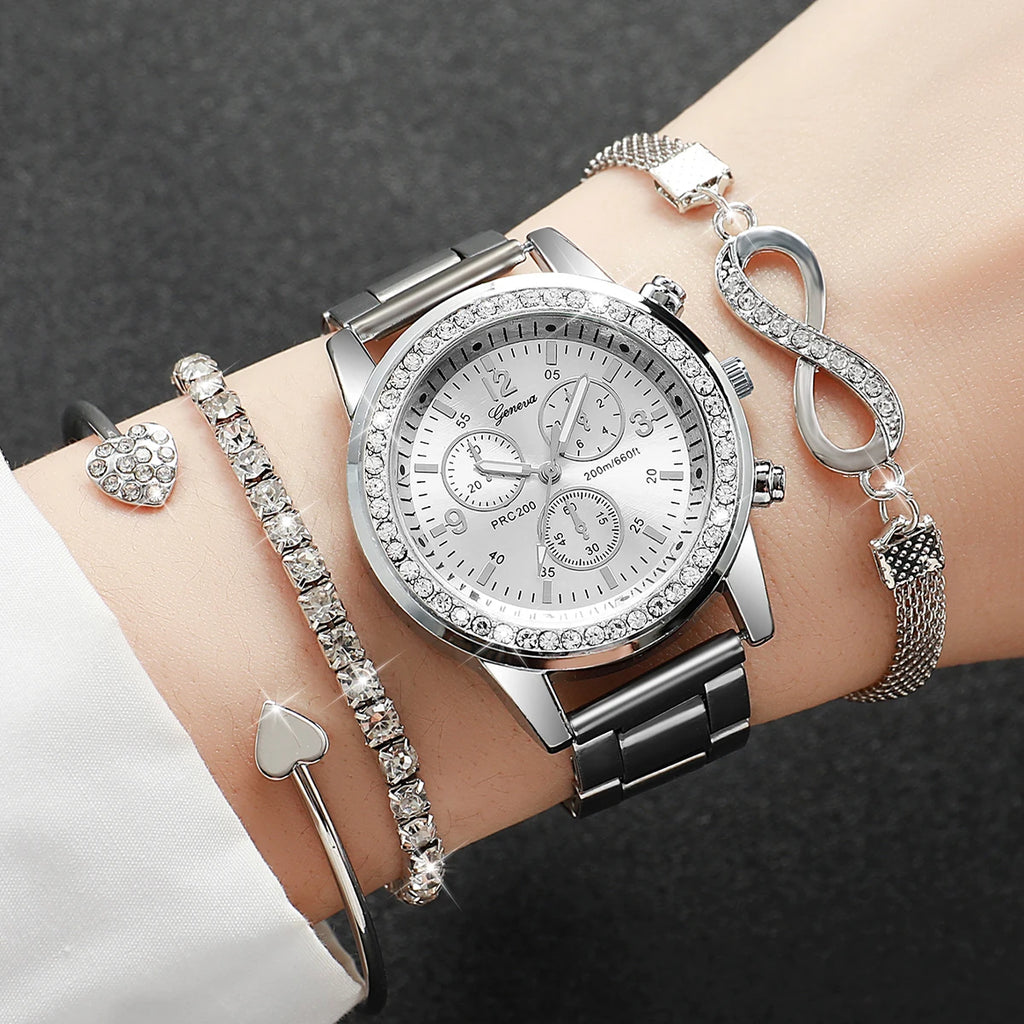 4PCS Set Rhinestone Luxury Steel Band Ladies Quartz Women Watches with Bracelets Set