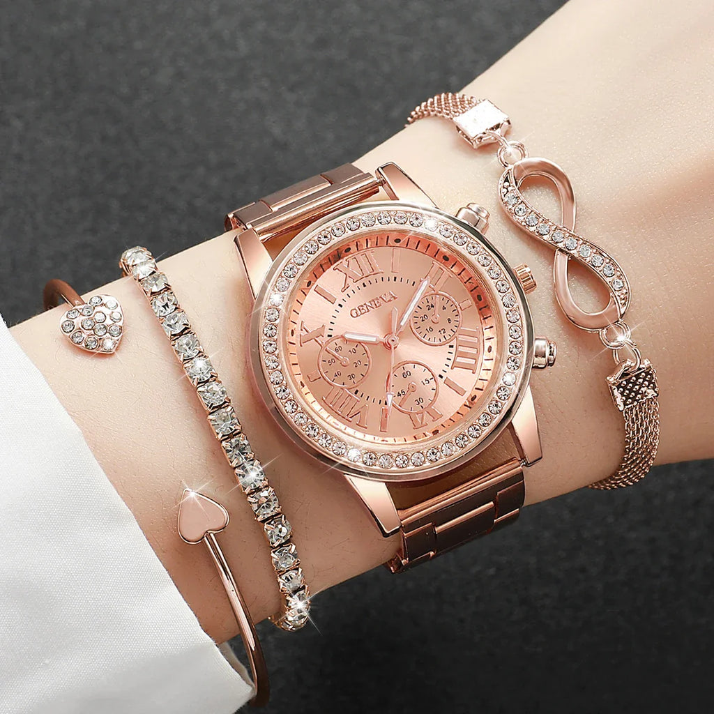 4PCS Set Rhinestone Luxury Steel Band Ladies Quartz Women Watches with Bracelets Set