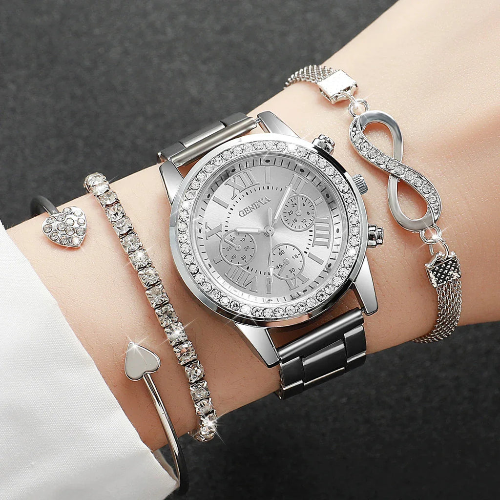 4PCS Set Rhinestone Luxury Steel Band Ladies Quartz Women Watches with Bracelets Set