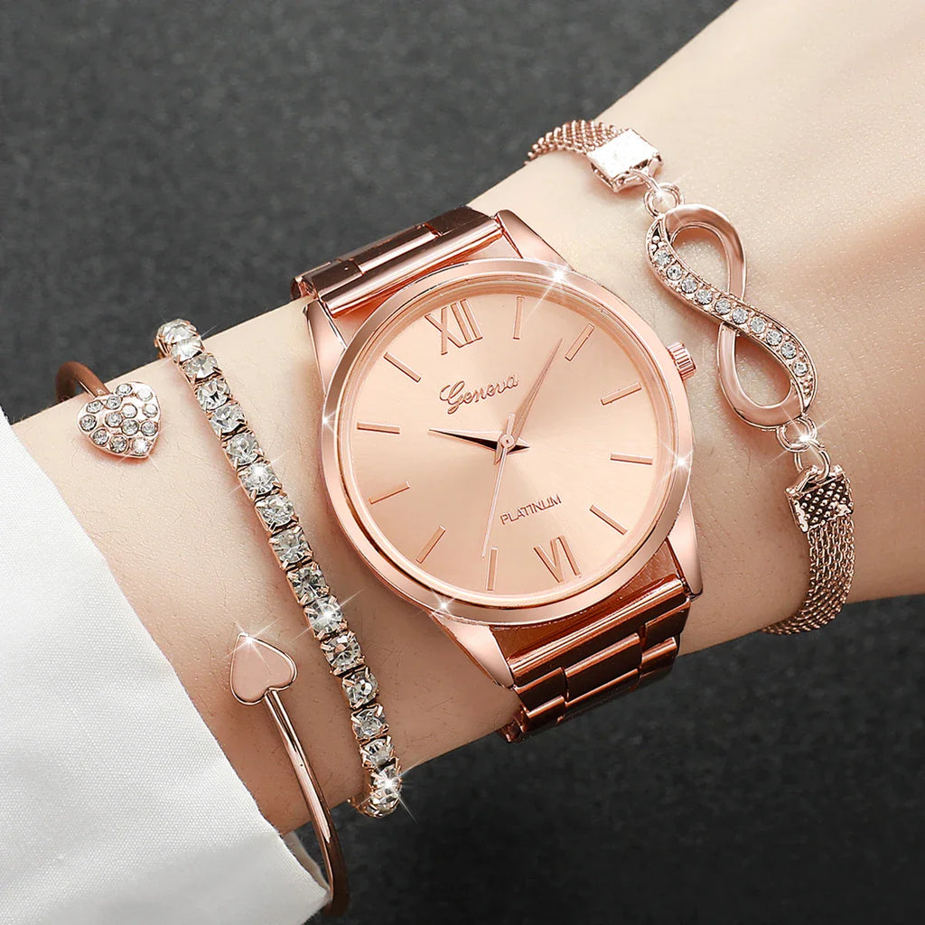 4PCS Set Rhinestone Luxury Steel Band Ladies Quartz Women Watches with Bracelets Set