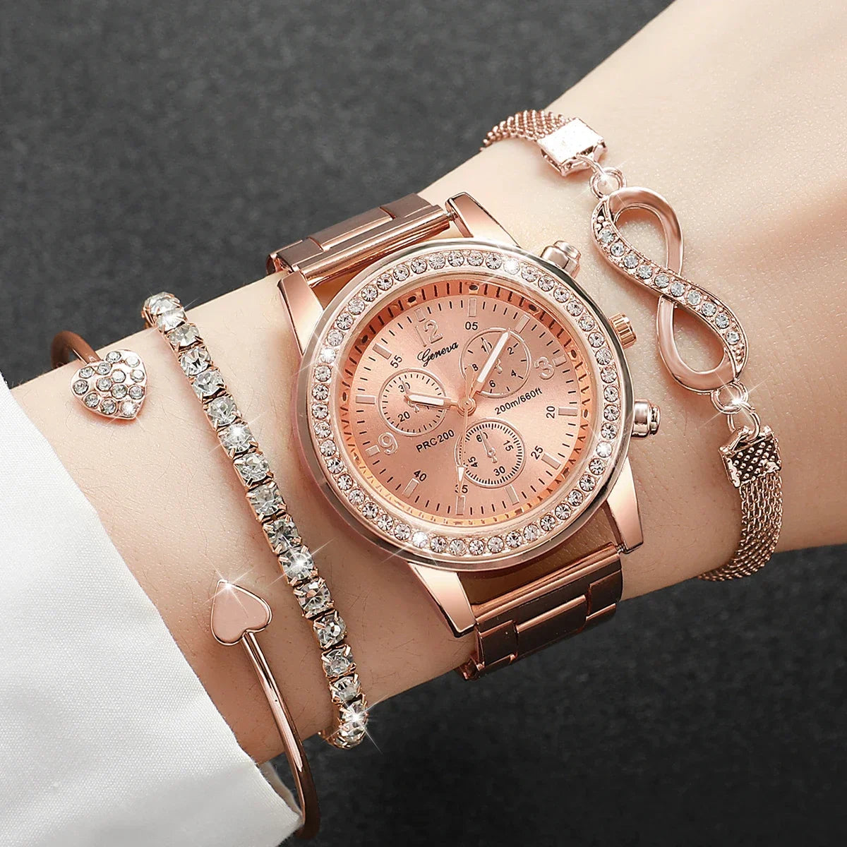 4PCS Set Rhinestone Luxury Steel Band Ladies Quartz Women Watches with Bracelets Set