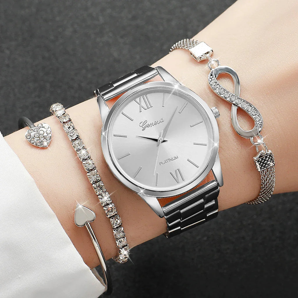 4PCS Set Rhinestone Luxury Steel Band Ladies Quartz Women Watches with Bracelets Set